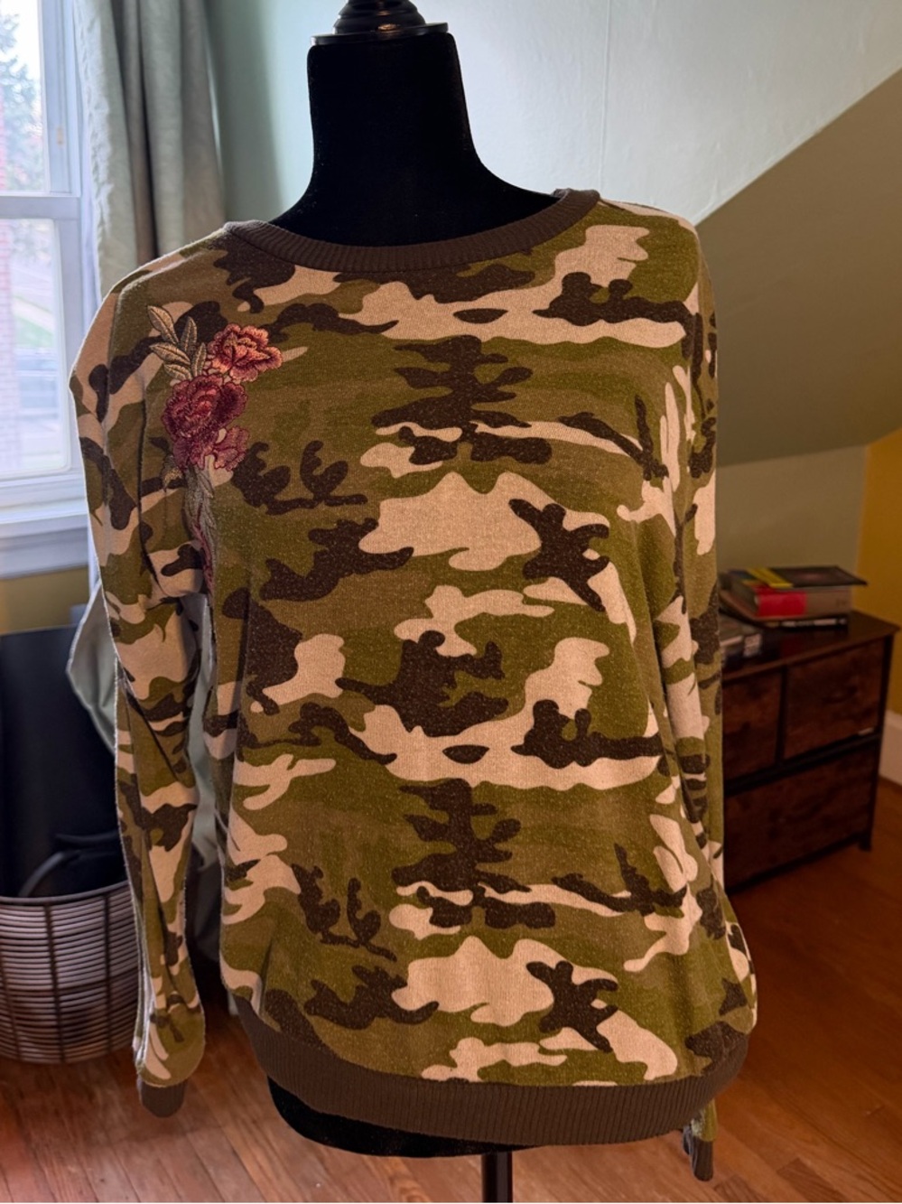 Poof! Women's Camouflage Sweater with Floral Accent - Olive, Brown, Tan